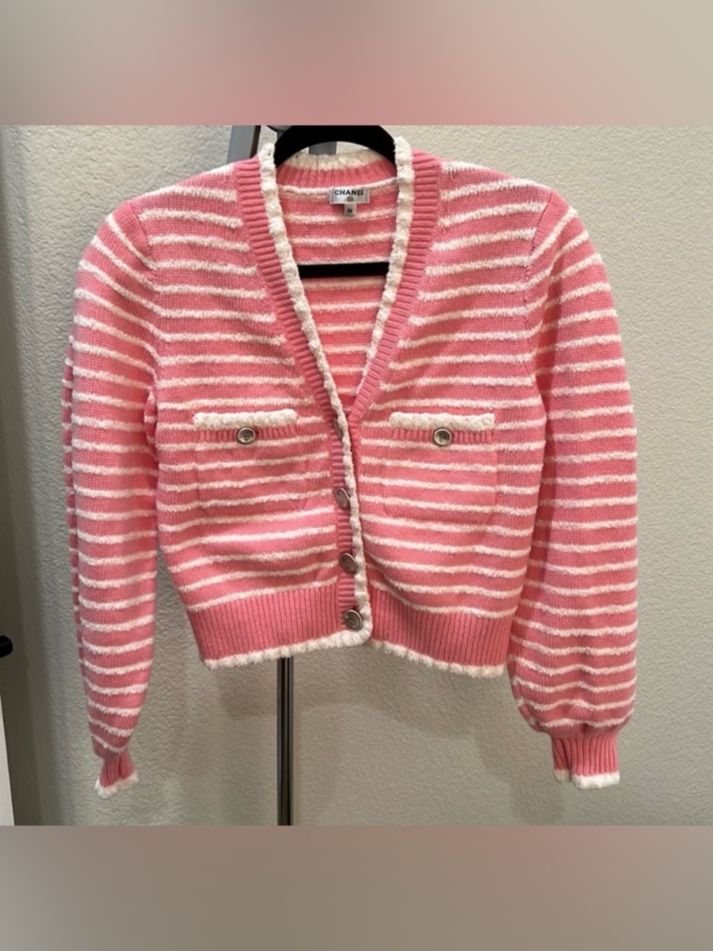 CHANEL Pink and White Striped Wool Blend Cardigan